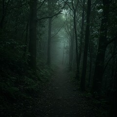 Obraz premium Dark Forest Path Shrouded in Fog