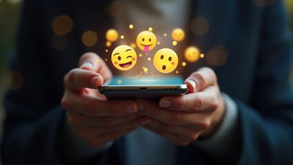 digital art of a person scrolling on a smartphone with animated social media emoji reactions emerging from the screen, tech and communication theme