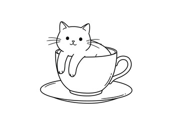 Cat in cup drawing. It is a black and white outline image of a cute feline, a cat sitting snugly inside a teacup with a saucer, looking adorable. Vector sketch line art draw.