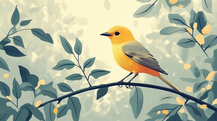 Obraz premium Yellow Bird on Branch, Peaceful Forest Scene, Artistic Style, Stock Photo