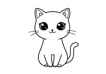 Obraz premium Chibi cat drawing. It is a black and white outline image of an adorable feline, a small and cute chibi-style cat with large eyes and a sweet expression. Vector sketch line art draw.