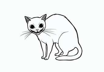 Creepy cat drawing. It is a black and white outline image of an unsettling feline, a cat with large, wide eyes and a slightly open mouth, giving it an eerie expression. Vector sketch line art draw.