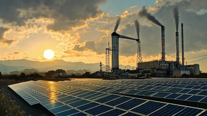 The juxtaposition of clean energy and industrial power at sunset, reflecting the evolving landscape of energy production with solar panels meeting traditional power plants