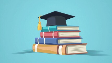 Graduation Cap on Stack of Colorful Books against Blue Background