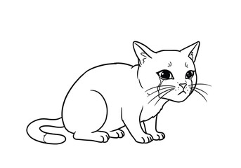 Crying cat drawing. It is a black and white outline image of a sad feline, a cat with tears flowing from its eyes, conveying emotion and distress. Vector sketch line art draw.