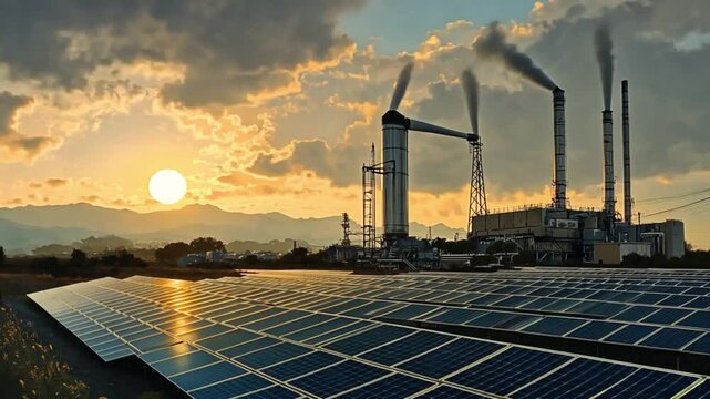 The juxtaposition of clean energy and industrial power at sunset, reflecting the evolving landscape of energy production with solar panels meeting traditional power plants