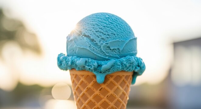 Vibrant blue ice cream scoop melting in a waffle cone on a sunny summer day