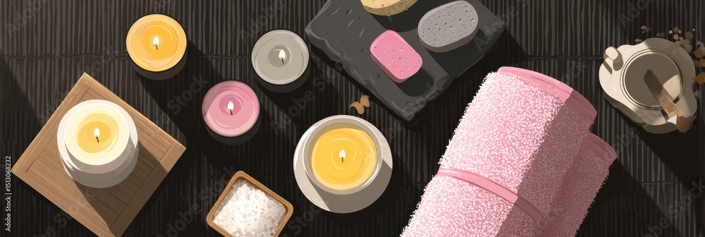 Poster Relaxing Spa Setting With Candles, Warm Towel, and Soothing Elements in a Tranquil Atmosphere for Rejuvenation and Self-Care