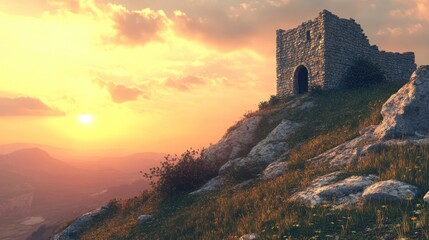 Obraz premium Ancient fortress ruins perched atop rocky hill during warm sunset creating picturesque view