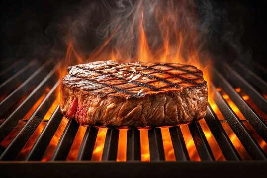 Delicious grilled steak on fire barbecue bbq cooking meat beef food restaurant dinner flame hot grill