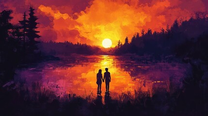 Fototapeta premium Romantic silhouette of a couple watching a vibrant sunset on a tranquil lake