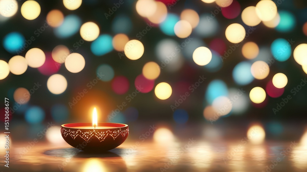 Poster a small decorative candle burns brightly with colorful bokeh lights in the background, creating a fe