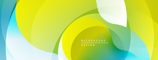 Abstract background. Smooth curves, vibrant colors blend. Light green, yellow, blue hues create dynamic composition. Modern design element.