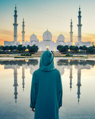 a tourist girl in a muslim dress Abaya pose travel photo while travels through the Great Mosque of Sheikh Zayed in Abu Dhabi