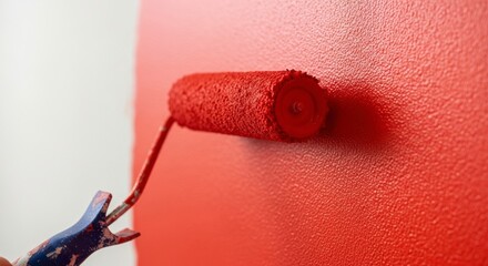 Vibrant red paint being applied to a textured wall with a paint roller during renovation.