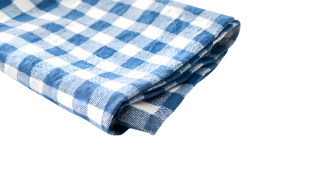 Close up shot of a folded blue and white checkered tablecloth  in studio light isolated on transparent background