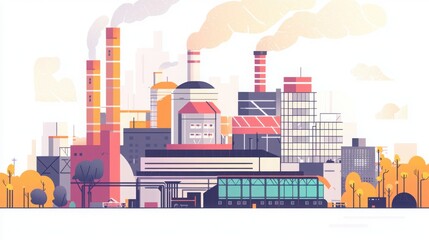 Obraz premium Colorful Industrial Landscape with Factories and Smoke Stacks