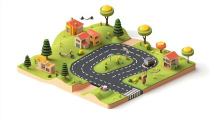 Neighborhood Landscape with Road and Houses in Isometric View