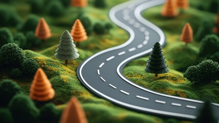 Serene Curved Road Through Colorful Miniature Forest Landscape
