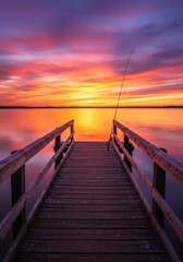 Fototapeta premium Vibrant Sunset Over Calm Lake with Wooden Dock