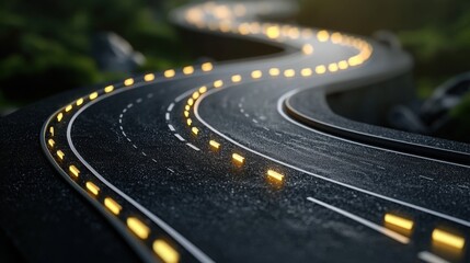 Serpentine Road with Illuminated Lines in a Lush Landscape