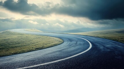 Serene Curved Road Winding Through Lush Green Landscape Under Clouds