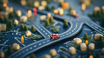 Miniature City with Red Car on Roadway Surrounded by Trees and Houses
