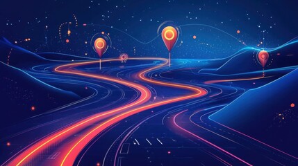 Futuristic Road with Navigation Markers in a Digital Landscape
