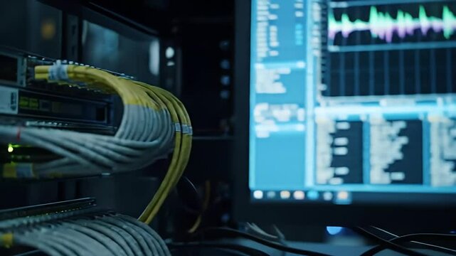 Row of server racks in a data center showing technology infrastructure and organization
