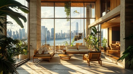 Modern Interior with Scenic View of City Skyline and Nature Elements