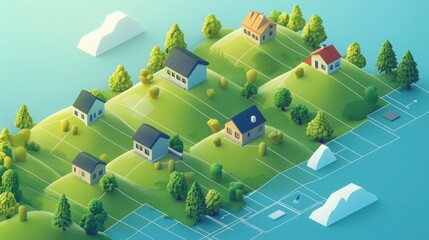 Colorful 3D Illustration of a Stylized Neighborhood Landscape