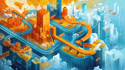 Abstract Urban Landscape with Futuristic Roads and Buildings