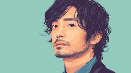 Portrait of a Thoughtful Man with Wavy Hair Against a Simple Background