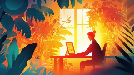 Vibrant Workspace in Nature with Person Using Tablet at Sunrise