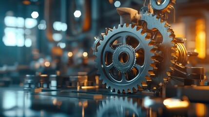 Intricate Metal Gears in Industrial Setting with Soft Lighting Effects