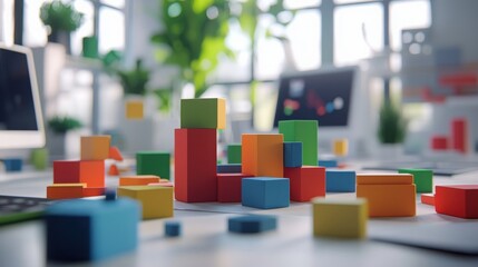 Colorful Building Blocks on Desk in Modern Workspace
