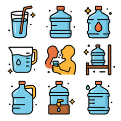 Gallon water icons show different ways to store and drink water.