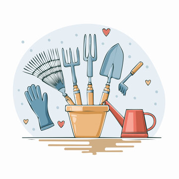 garden tools in pot, cartoon style clip art preview