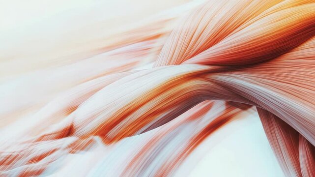 Dynamic orange muscle fibers in motion on white