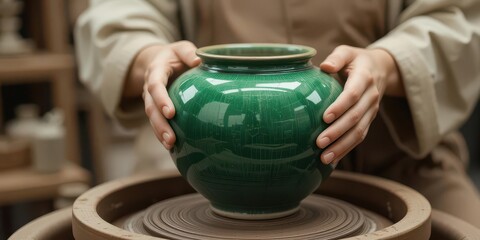  Jade Garden Shaping a Green Earthenware Jar, Ukiyo e Woodblock Print Style with Subtle Color Gradations.