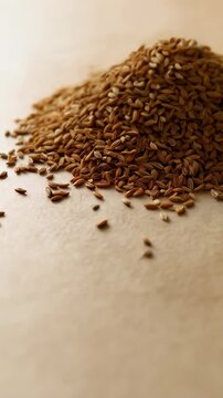 Heap of dry cumin seeds on tan surface, close up showing texture and color, ready for culinary use, studio shot