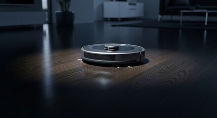 Sleek robotic vacuum cleaner autonomously cleans dark wooden floor in modern smart home interior
