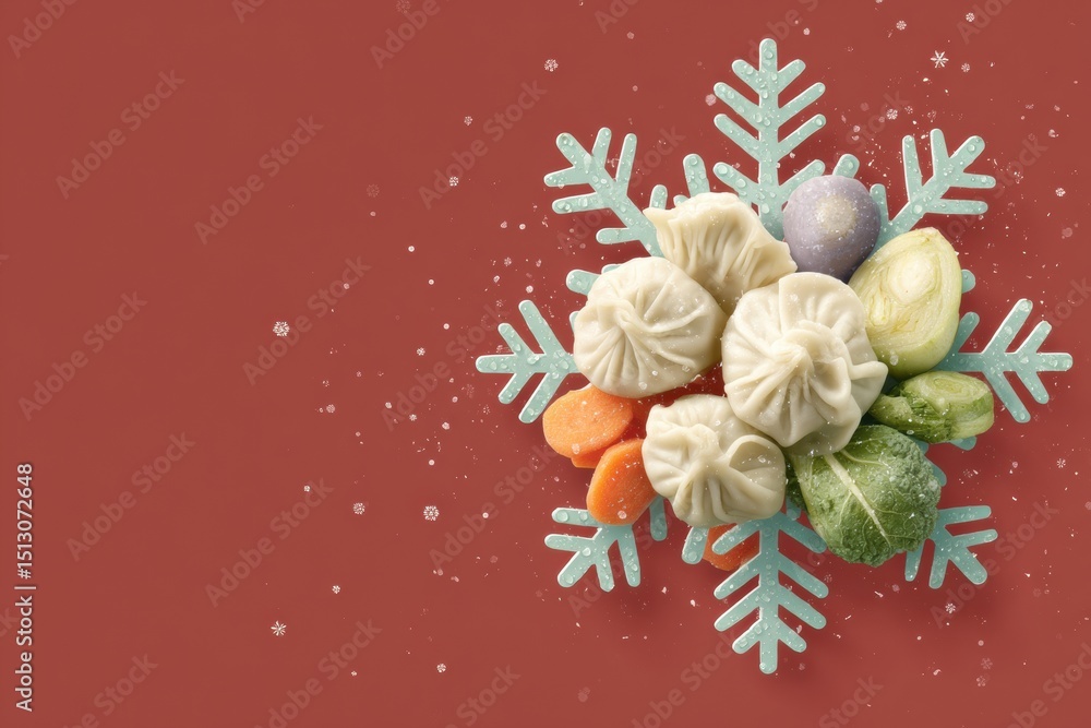 Poster frozen dumplings and colorful vegetables arranged creatively on a stylized snowflake background
