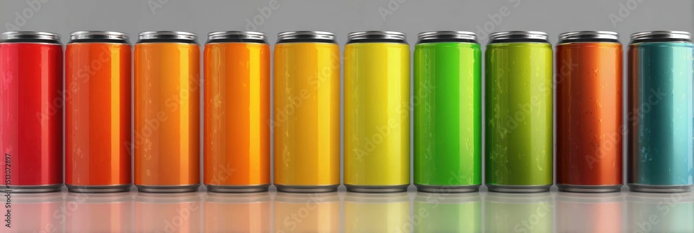 Poster caffeine content comparison of diverse beverage cans arranged in a visually ranked order