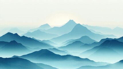 Obraz premium Explore a tranquil mountain landscape featuring layered blue hills and soft fog. The serene atmosphere evokes a sense of peace and natural beauty.