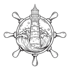 illustratrion art hand drawn black and white lighthouse and waves inside the ship steering wheel tattoo and t-shirt design
