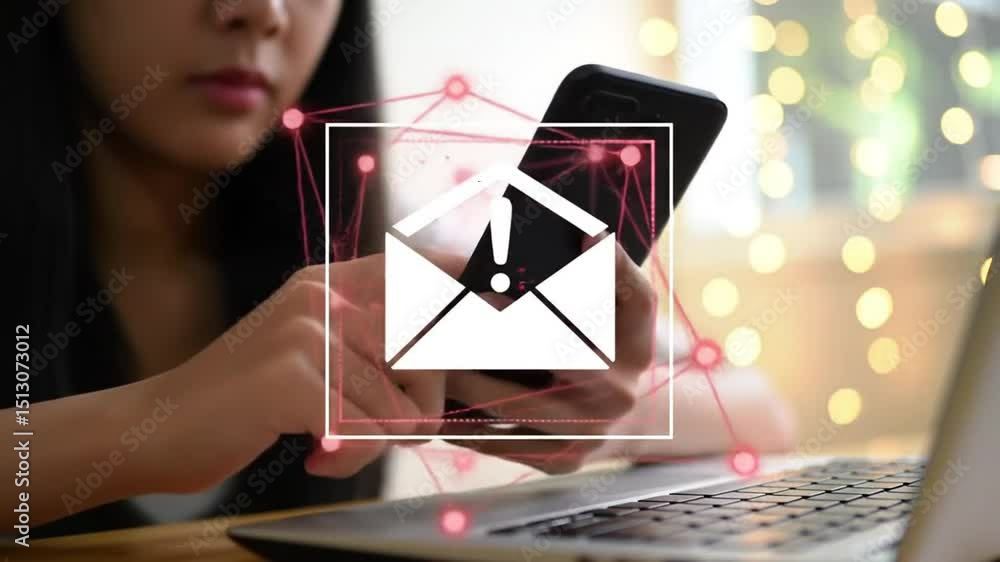 Poster close up of woman with mobile phone showing email notification network graphic overlayed on blurred 
