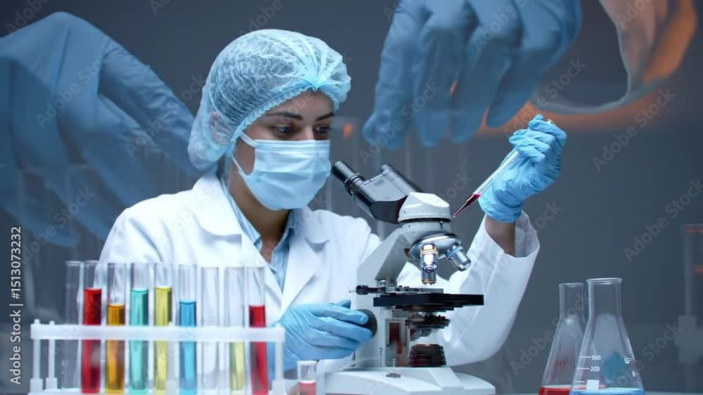 Poster concentrated scientist examines sample with microscope in bright laboratory setting with test tubes 