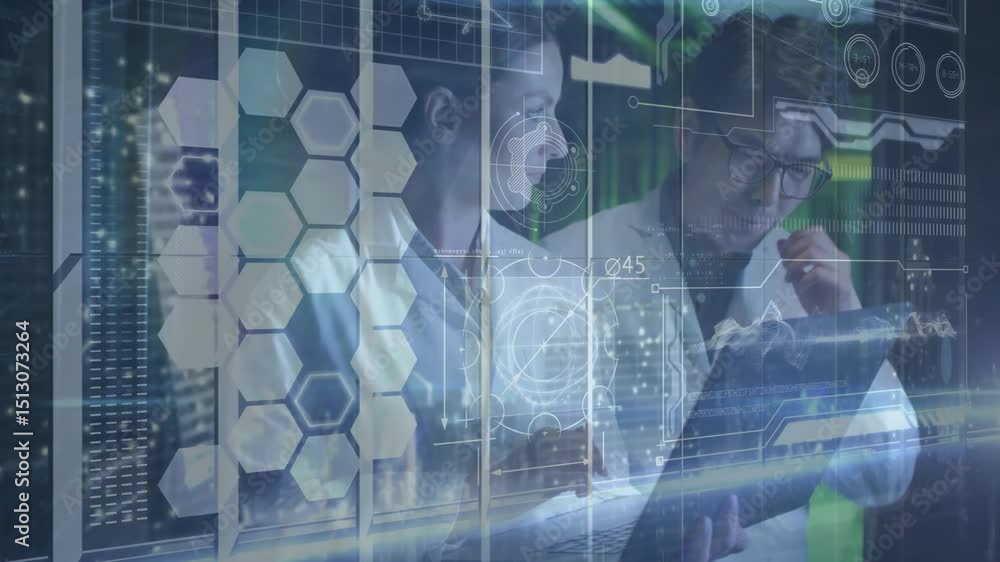 Poster woman scrolling tech tablet schematics as man pointing hex overlay tapping to confirm analysis