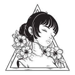   illustration art hand drawn black and white chinesse girl with flower background tattoo and t-shirt design